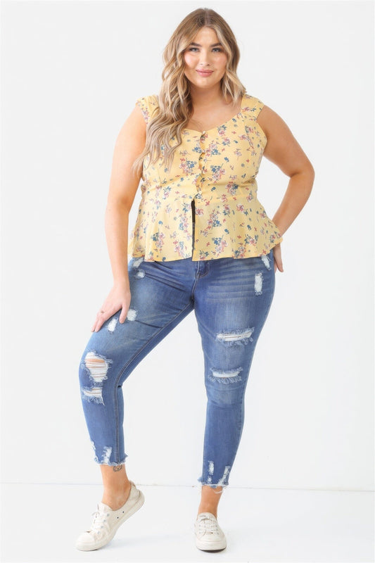 Yellow Plus Size Floral Button up Sleeveless V Neck Flare Hem Top Shirts & Tops jehouze 1XL 