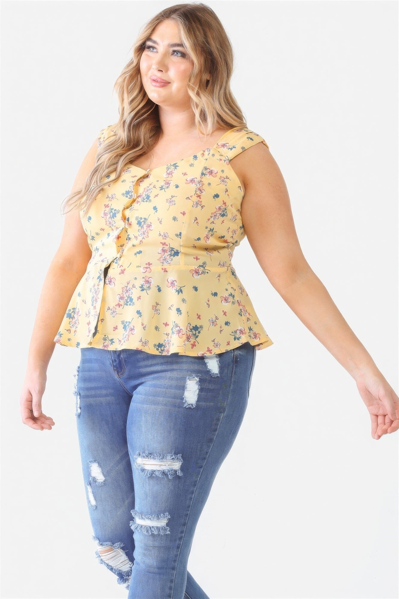 Yellow Plus Size Floral Button up Sleeveless V Neck Flare Hem Top Shirts & Tops jehouze 
