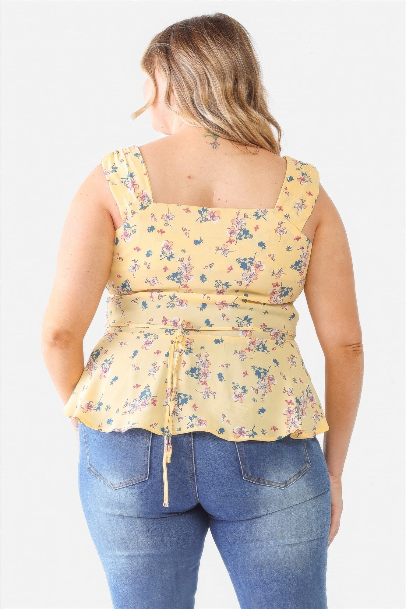 Yellow Plus Size Floral Button up Sleeveless V Neck Flare Hem Top Shirts & Tops jehouze 