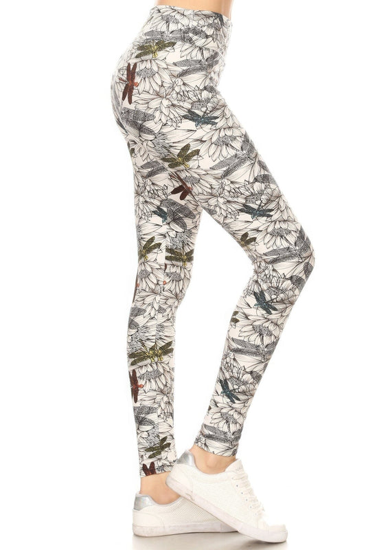 Yoga Style Banded Lined Dragonfly Print In A Slim Fitting Style With A Banded High Waist Full Length Leggings Pants jehouze Multi 