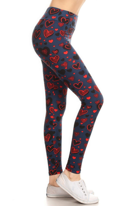 Yoga Style Banded Lined Heart Print In A Slim Fitting Style With A Banded High Waist Full Length Leggings Pants jehouze Multi 