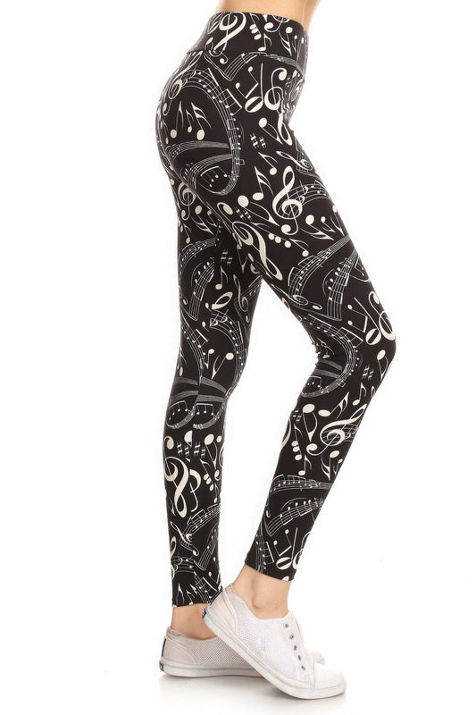 Yoga Style Banded Lined Music Note Print In A Slim Fitting Style With A Banded High Waist Full Length Leggings Pants jehouze Multi 