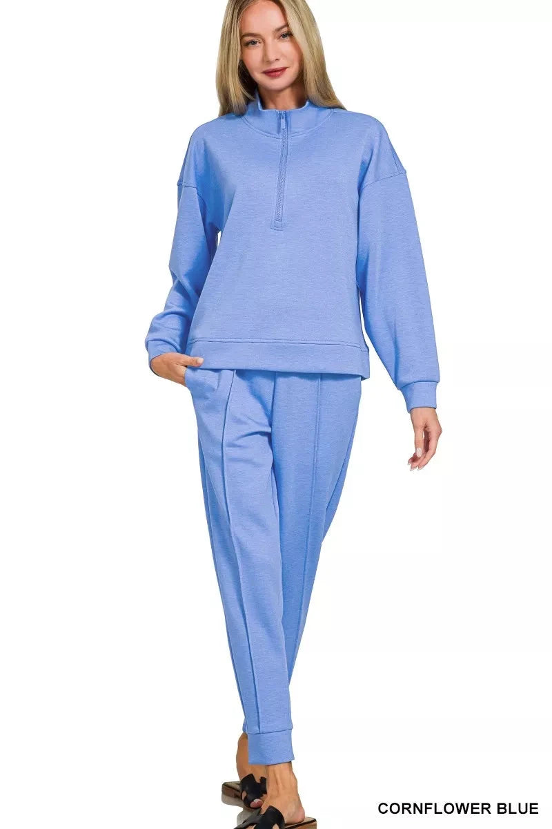 Zenana 2 pcs Scuba Half Zip Pullover and Jogger Loungewear Set Sleepwear & Loungewear jehouze CORNFLOWER BLUE S 