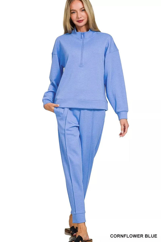Zenana 2 pcs Scuba Half Zip Pullover and Jogger Loungewear Set Sleepwear & Loungewear jehouze CORNFLOWER BLUE S 