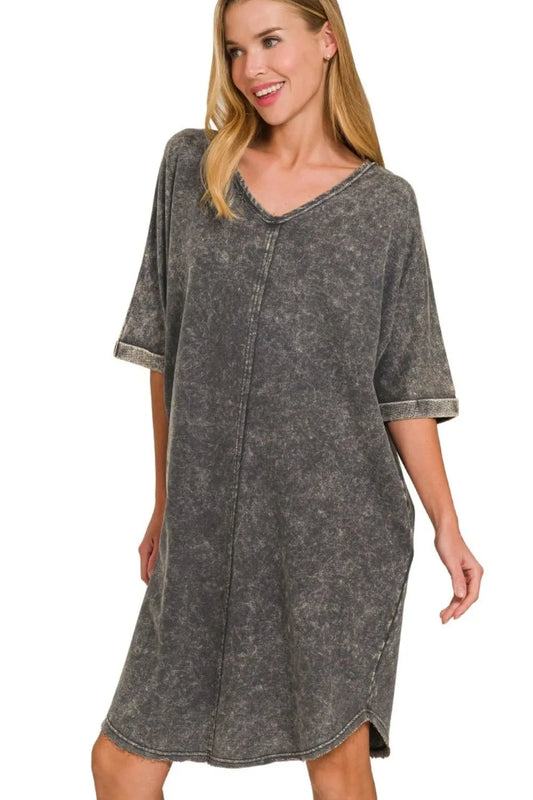 Zenana Acid-washed French Terry Tee Shirts Dress Dresses jehouze ASH BLACK S/M 
