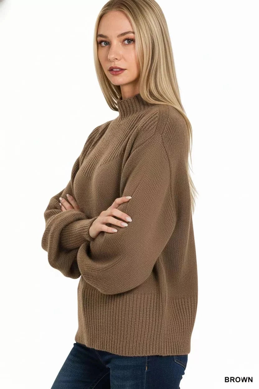 Zenana Balloon Sleeve Mock Neck Sweater Outerwear jehouze 