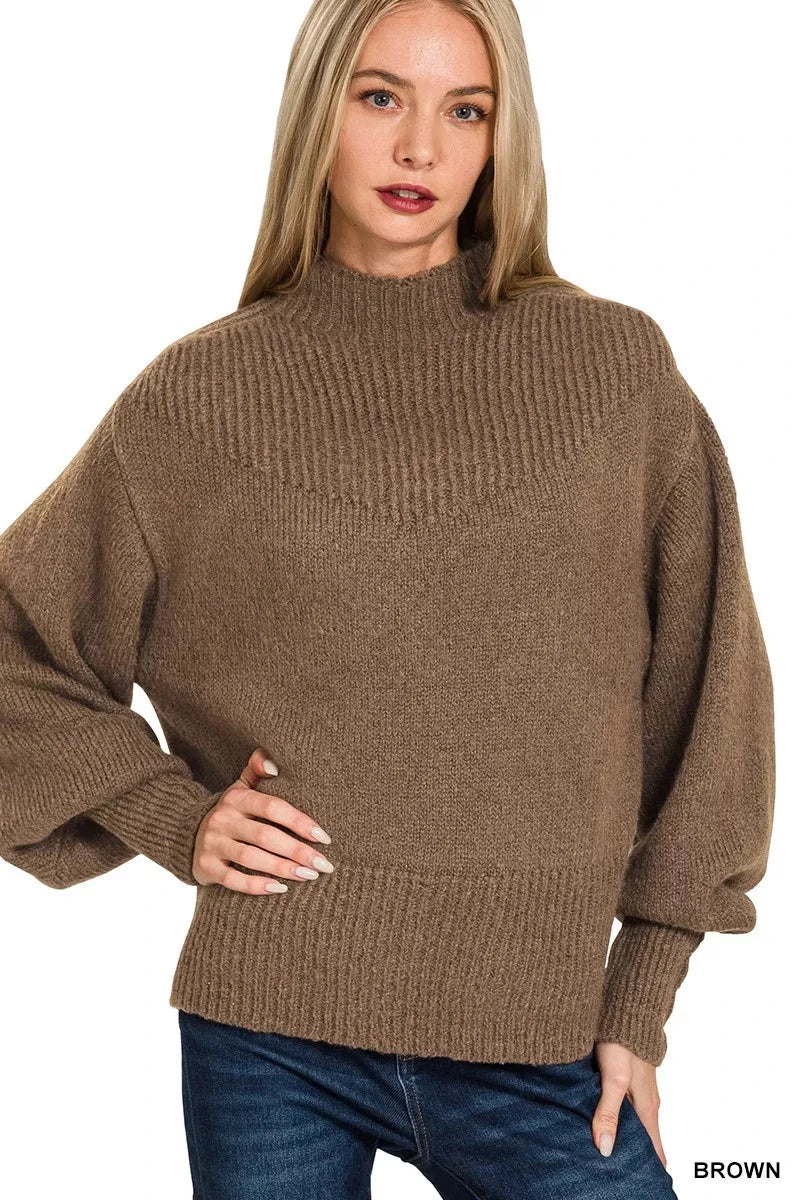 Zenana Balloon Sleeve Mock Neck Sweater Outerwear jehouze 