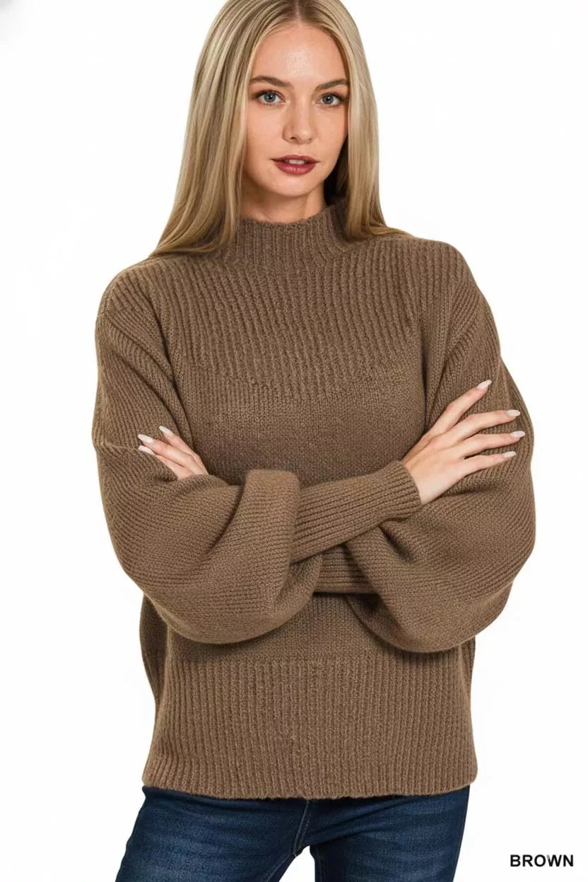 Zenana Balloon Sleeve Mock Neck Sweater Outerwear jehouze BROWN S 