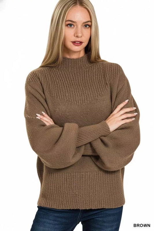 Zenana Balloon Sleeve Mock Neck Sweater Outerwear jehouze BROWN S 
