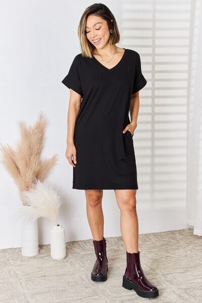 Zenana Black Rolled Short Sleeve V-Neck Mini Dress Dresses jehouze 