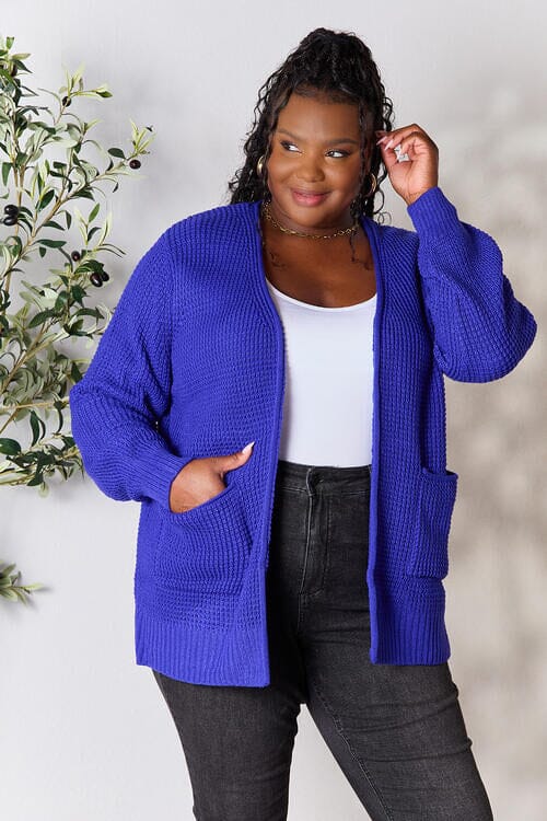 Zenana Bright Blue Waffle-Knit Open Front Cardigan Outerwear jehouze 