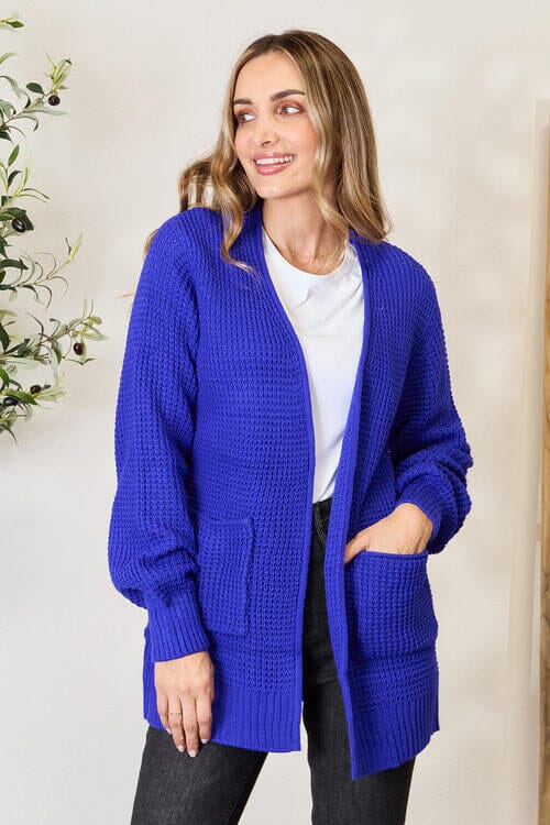 Zenana Bright Blue Waffle-Knit Open Front Cardigan Outerwear jehouze Bright Blue S 