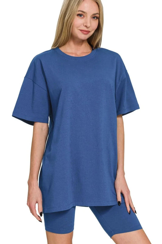 Zenana Cotton Round Neck Top & Biker Shorts Loungewear set Loungewear jehouze LT NAVY S 
