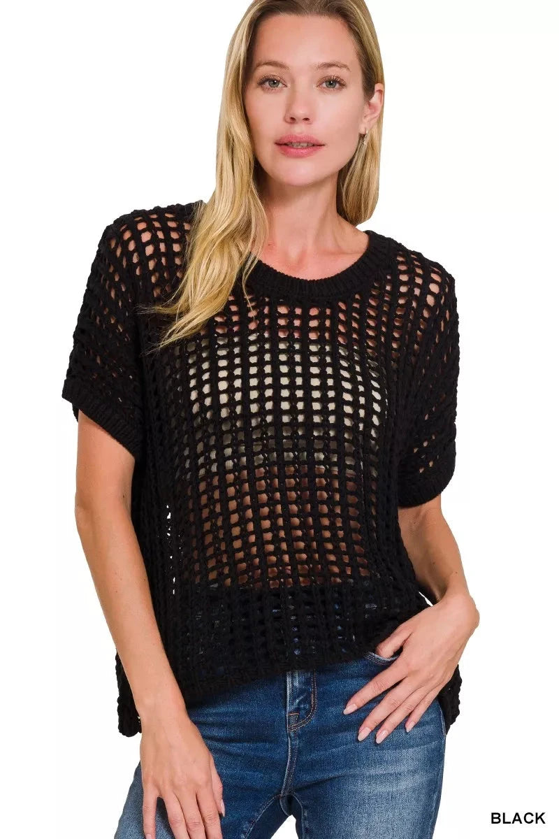 Zenana Fish Net Short Sleeve Crochet Knit Cover Up Outerwear jehouze 