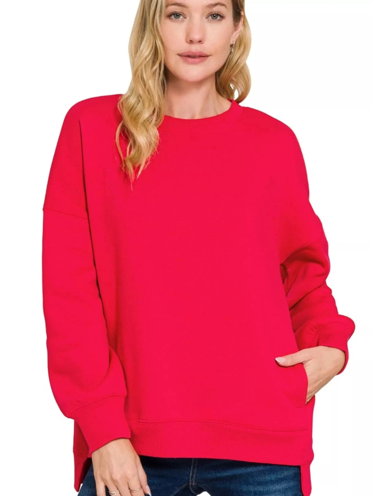 Zenana Fleece Hi-low Boyfriend Sweatshirts with Pockets Outerwear jehouze RUBY S 