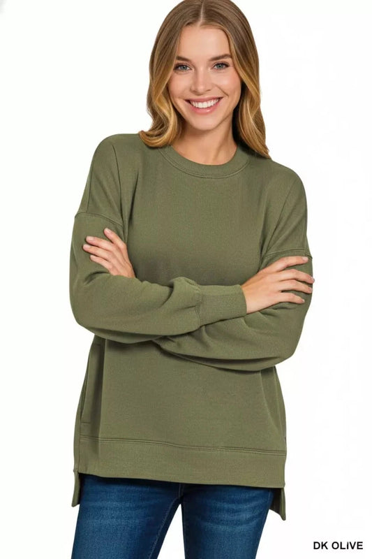 Zenana Fleece Hi-low Boyfriend Sweatshirts with Pockets Shirts & Tops jehouze DK OLIVE S 