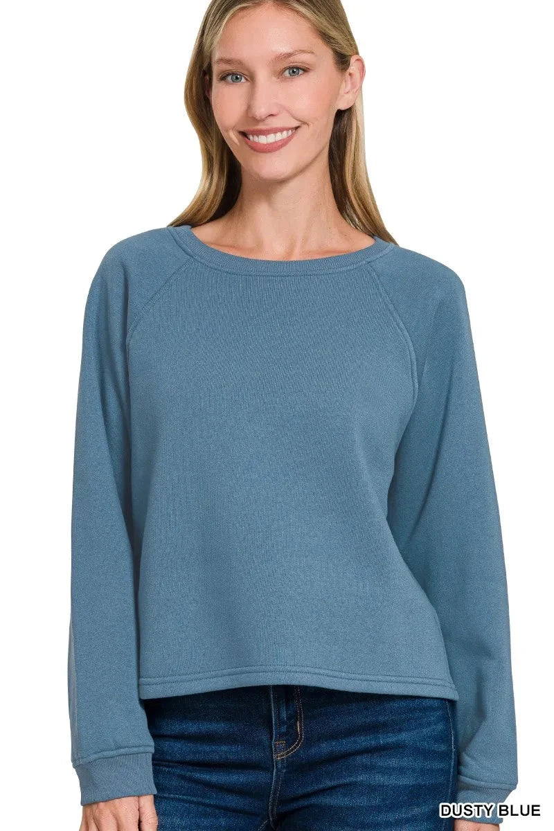 Zenana Fleece Raglan Round-Neck Sweatshirt Shirts & Tops jehouze DUSTY BLUE S 