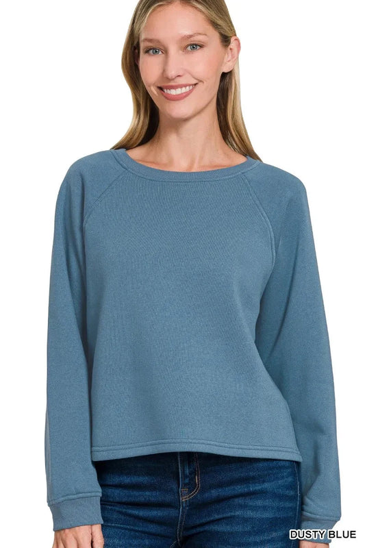 Zenana Fleece Raglan Round-Neck Sweatshirt Shirts & Tops jehouze DUSTY BLUE S 