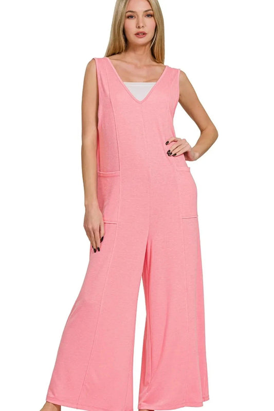 Zenana French Terry Deep V Neck Jumpsuits Jumpsuits & Rompers jehouze DK PINK S 