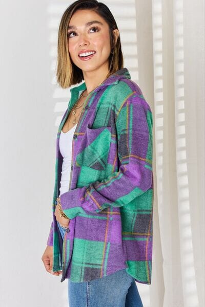 Zenana Green Purple Plaid Button Up Long Sleeve Shacket Coats & Jackets jehouze 