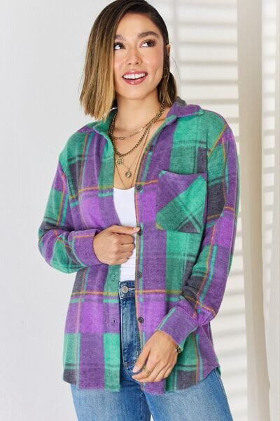 Zenana Green Purple Plaid Button Up Long Sleeve Shacket Coats & Jackets jehouze Green/Purple S 