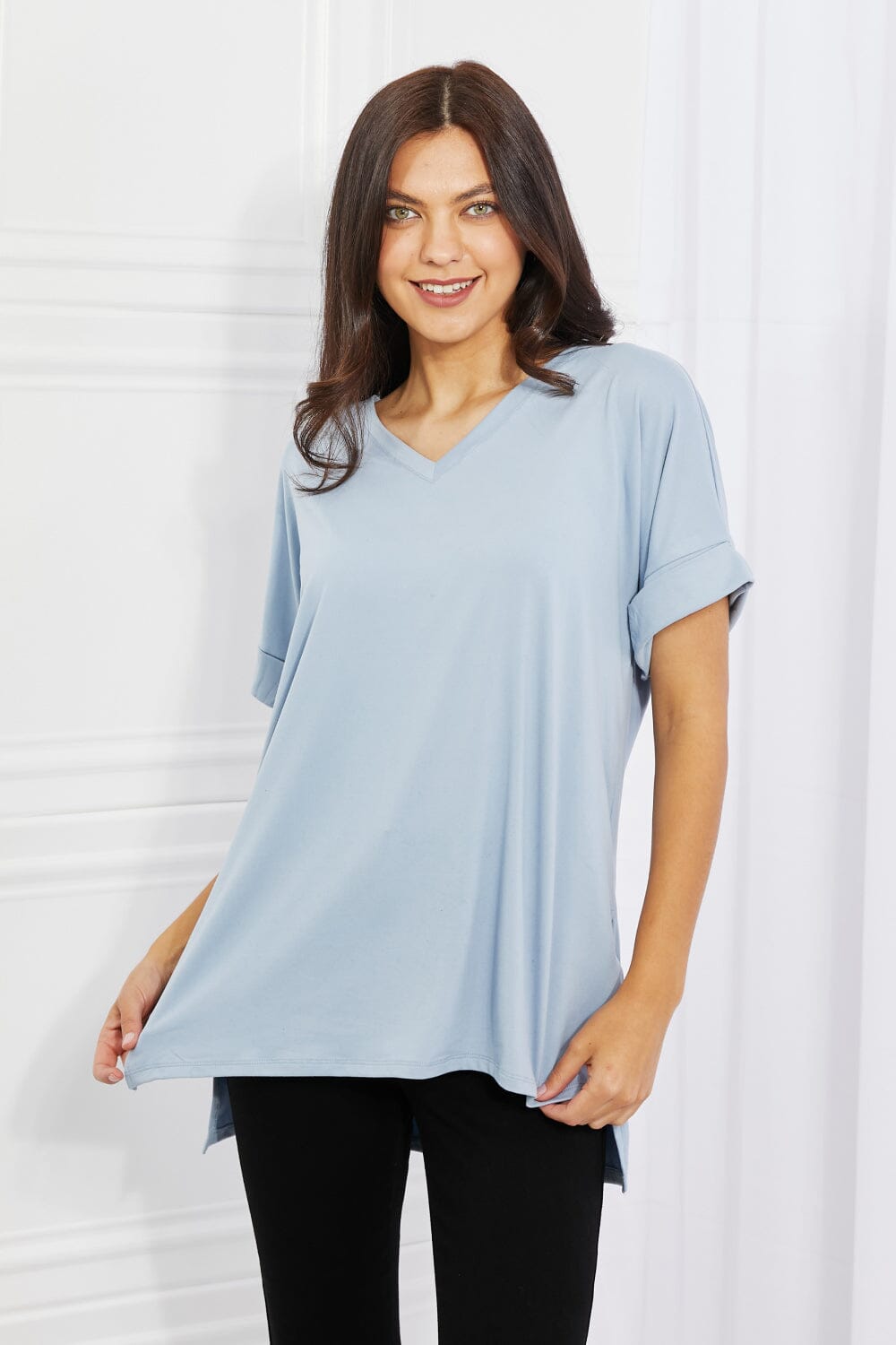 Zenana Misty Blue V-Neck Loose Fit T-Shirt Top Shirts & Tops jehouze 