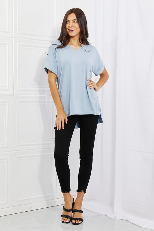 Zenana Misty Blue V-Neck Loose Fit T-Shirt Top Shirts & Tops jehouze Misty Blue S 