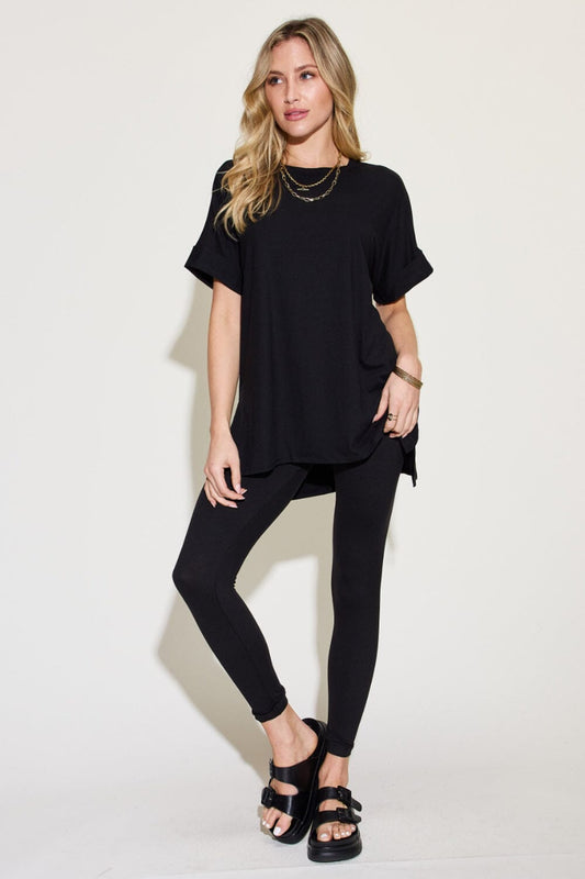 Zenana Plus Size Black Short Sleeve Slit T-Shirt and Leggings Loungewear Set Sleepwear & Loungewear jehouze Black 1XL 