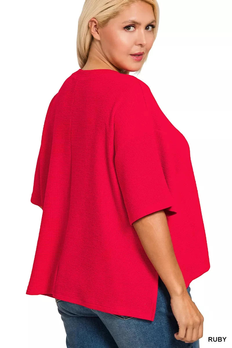 Zenana Plus Size Double Knit Side Slits Hi Low Short Sleeve Top Shirts & Tops jehouze 