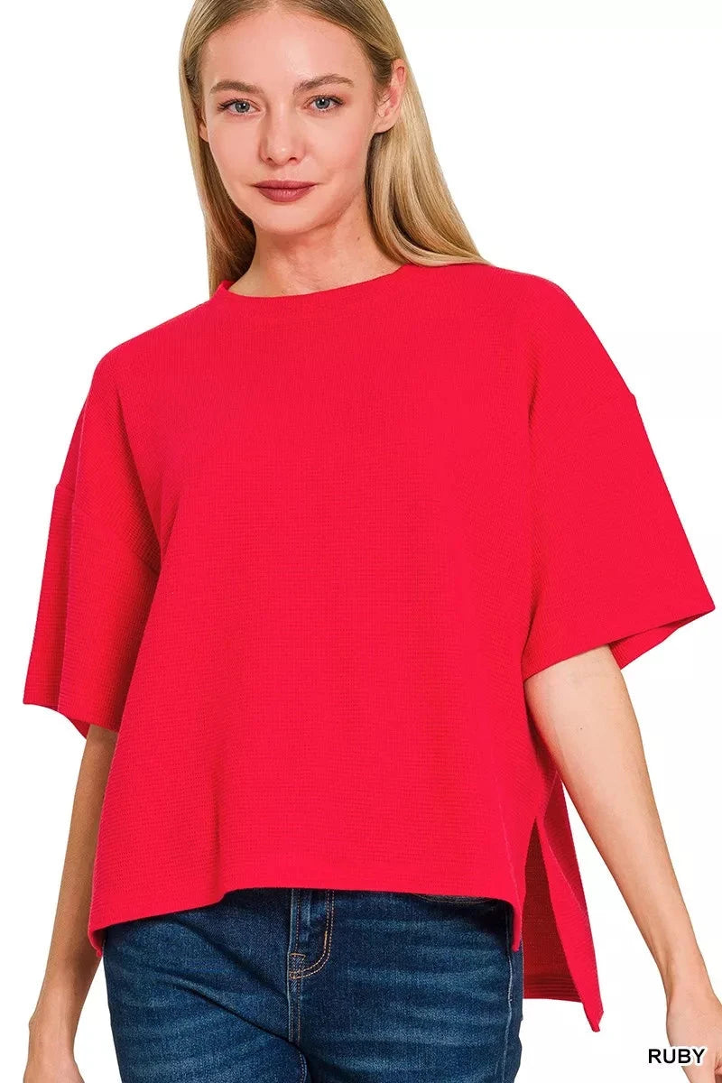 Zenana Plus Size Double Knit Side Slits Hi Low Short Sleeve Top Shirts & Tops jehouze RUBY S 