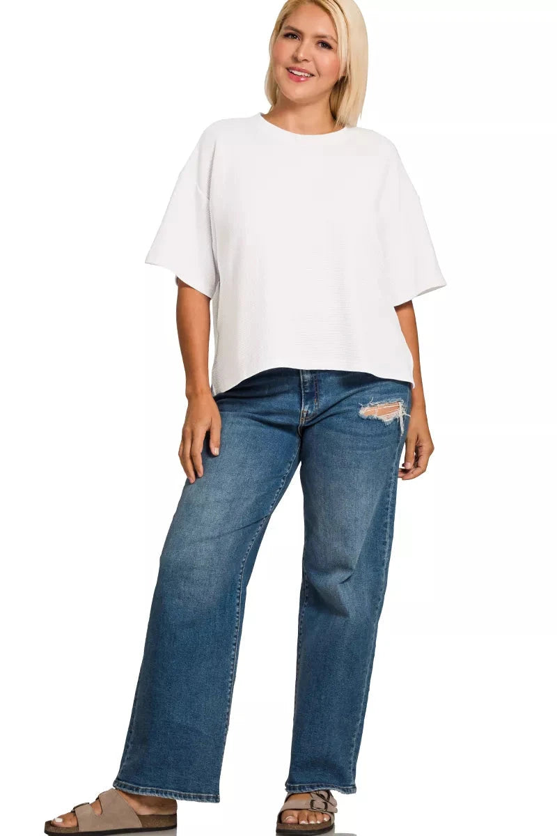 Zenana Plus Size Double Knit Side Slits Hi Low Short Sleeve Top Shirts & Tops jehouze WHITE S 