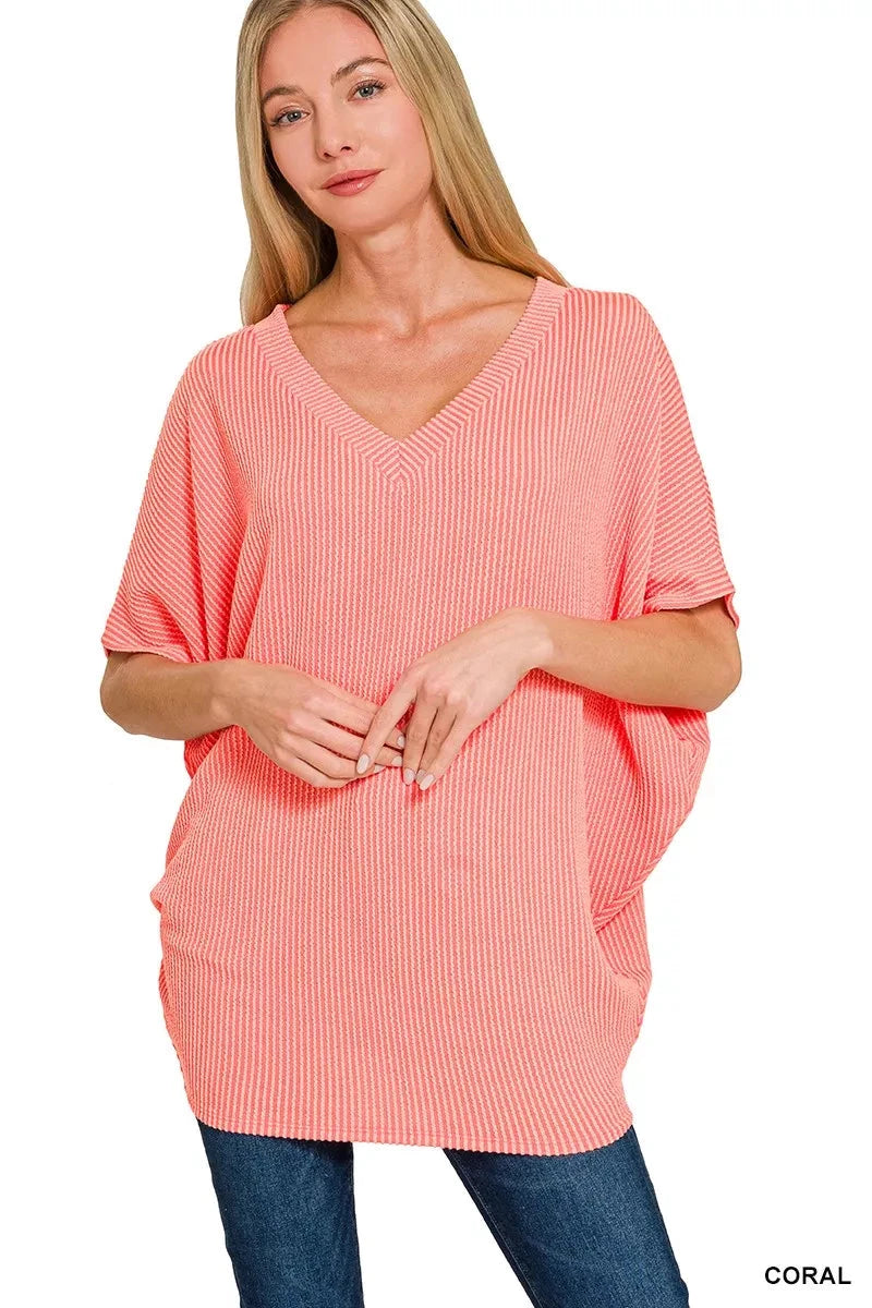 Zenana Raised Rib V-Neck Batwing Top Shirts & Tops jehouze CORAL S/M 