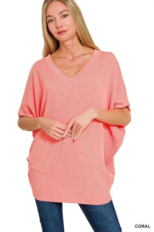 Zenana Raised Rib V-Neck Batwing Top Shirts & Tops jehouze CORAL S/M 