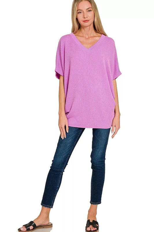 Zenana Raised Rib V-Neck Batwing Top Shirts & Tops jehouze SPRING VIOLET S/M 