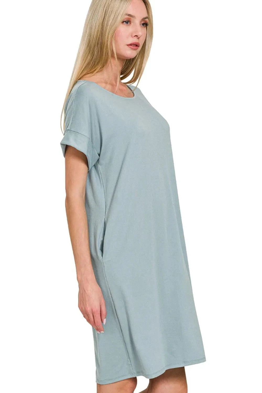 Zenana Rolled Short Sleeve Round Neck Dress Dresses jehouze 