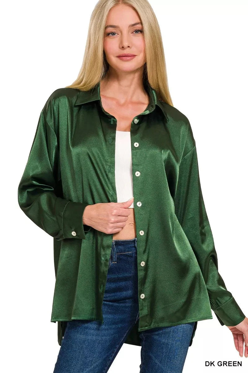 Zenana Satin Button Down Long Sleeve Shirt Shirts & Tops jehouze 
