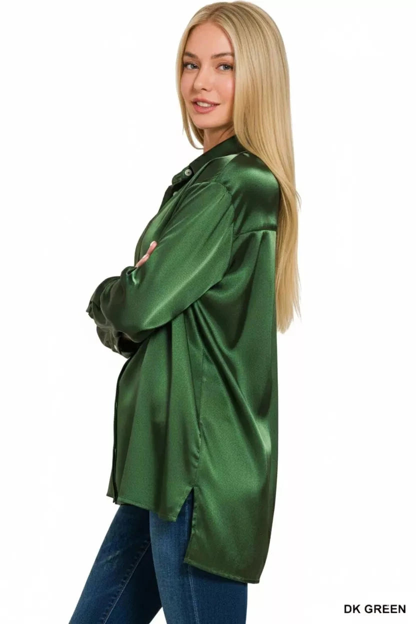 Zenana Satin Button Down Long Sleeve Shirt Shirts & Tops jehouze 