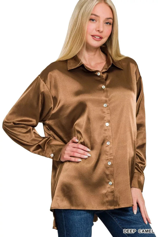 Zenana Satin Button Down Long Sleeve Shirt Shirts & Tops jehouze DEEP CAMEL S 