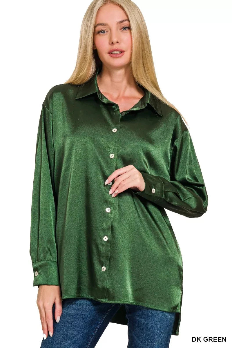 Zenana Satin Button Down Long Sleeve Shirt Shirts & Tops jehouze DK GREEN S 