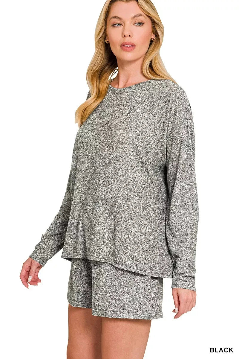 Zenana Soft Melange Long Sleeve Tee and Shorts Set Loungewear jehouze 