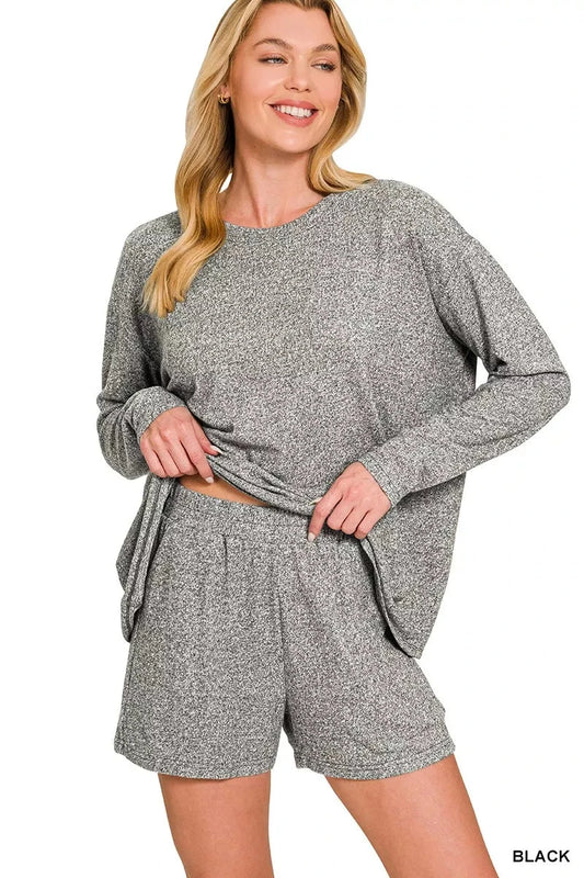 Zenana Soft Melange Long Sleeve Tee and Shorts Set Loungewear jehouze BLACK S 