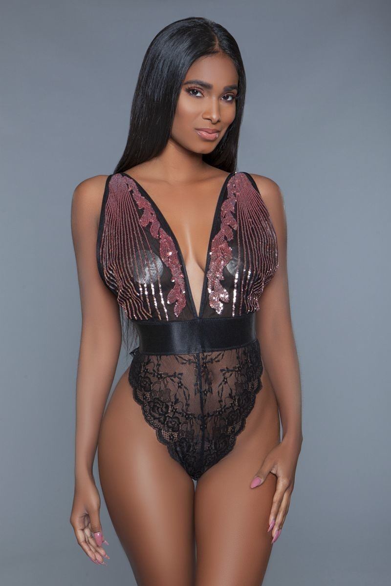 1 Pc. Black Cut-out Lace Bottoms With Raspberry-pink Sequins Plunging Sheer Neckline_ Lingerie jehouze 