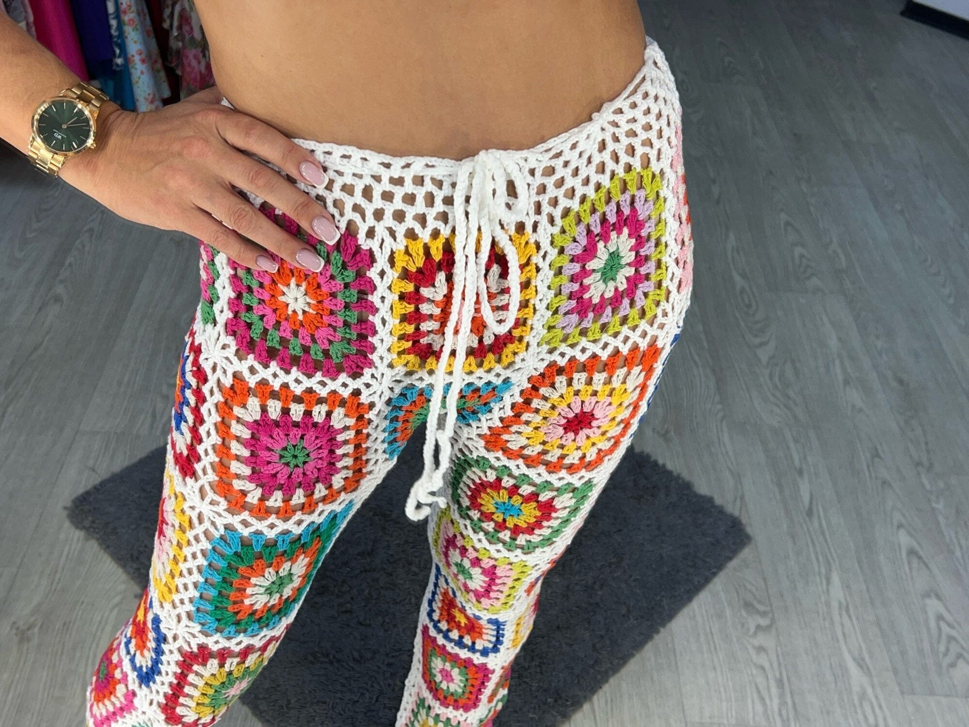 2 pcs Bohemia Colored Plaid Flower Granny Square Hand Crochet mini cami and elastic waist Long Pant Set Outfit Sets jehouze 