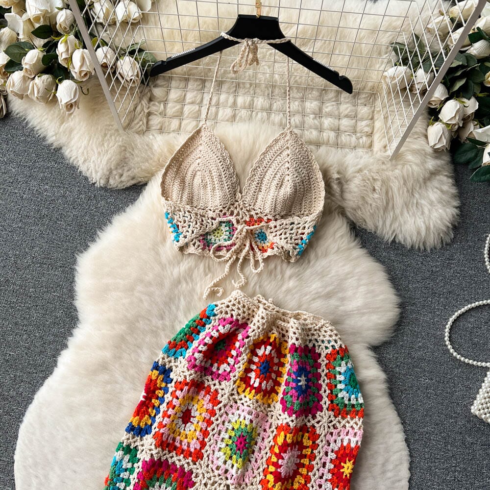 2 pcs Bohemia Colored Plaid Flower Granny Square Hand Crochet mini cami and elastic waist Long Pant Set Outfit Sets jehouze 