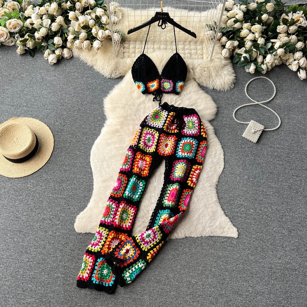 2 pcs Bohemia Colored Plaid Flower Granny Square Hand Crochet mini cami and elastic waist Long Pant Set Outfit Sets jehouze Black 