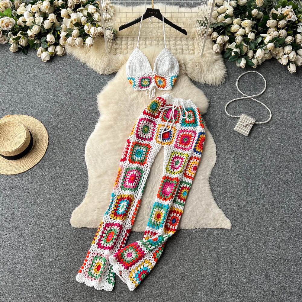 2 pcs Bohemia Colored Plaid Flower Granny Square Hand Crochet mini cami and elastic waist Long Pant Set Outfit Sets jehouze White 