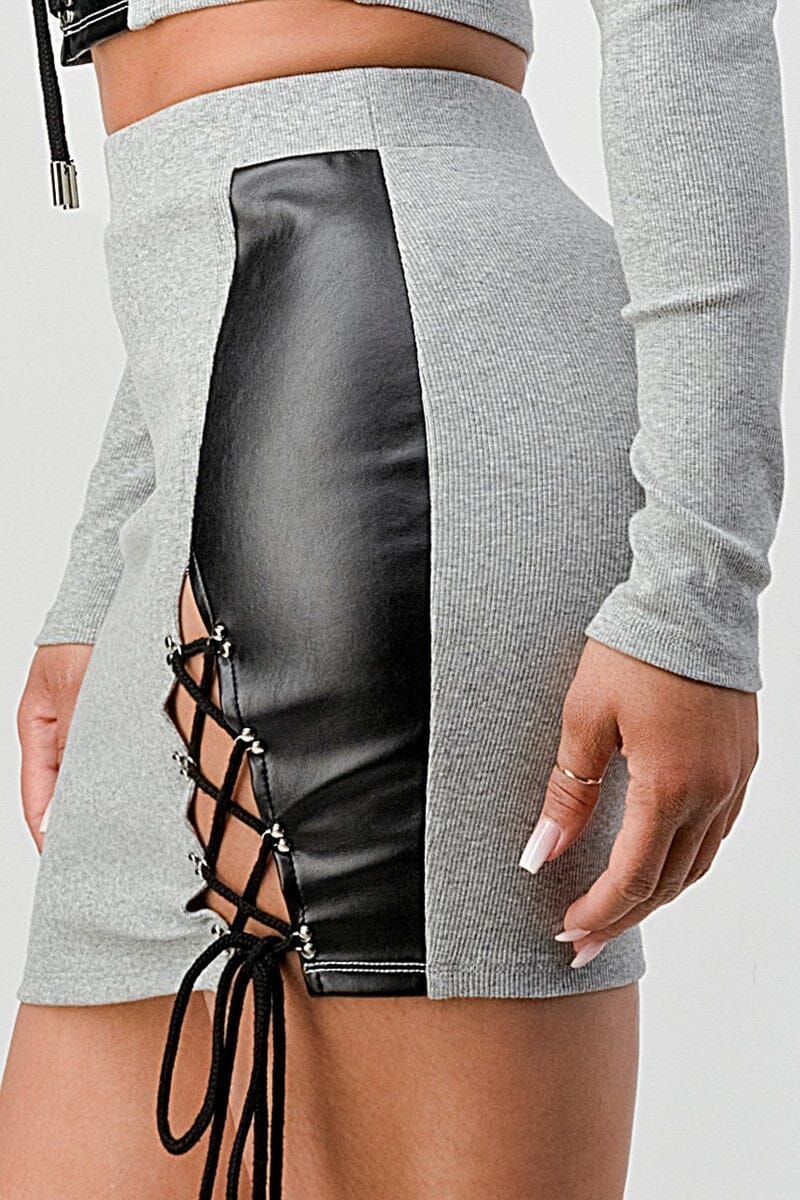 2 Piece Grey Cropped Long Sleeve Shirt With Pu Leather Detail Matching Mini Skirt Set Matching Sets jehouze 