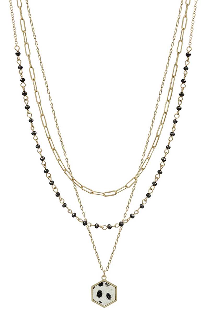 3 Layered Metal Crystal Bead Chain Hexagon Leopard Pendant Necklace_ Necklaces jehouze 