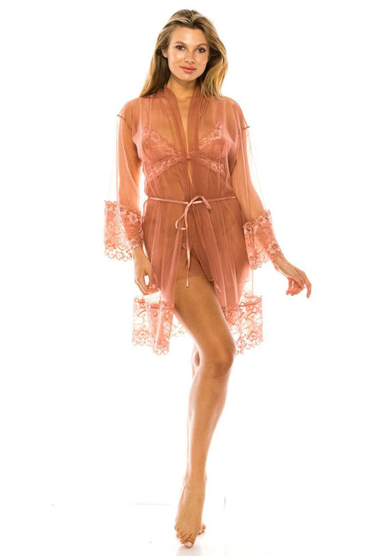 3pc Light Pink Mesh Lingerie Robe Lace Sexy Nightgowns Baby doll Sleepwear Set_ Lingerie jehouze 