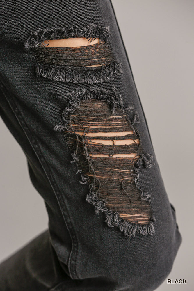 5 Pockets Non-stretch Straight Cut Distressed Denim Jeans With Raw Hem_ jeans jehouze 